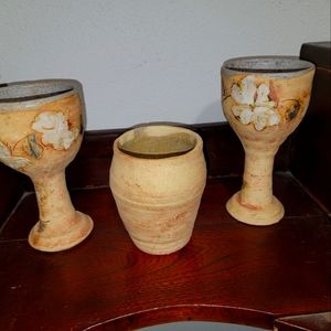 Handmade pottery vase and matching goblets